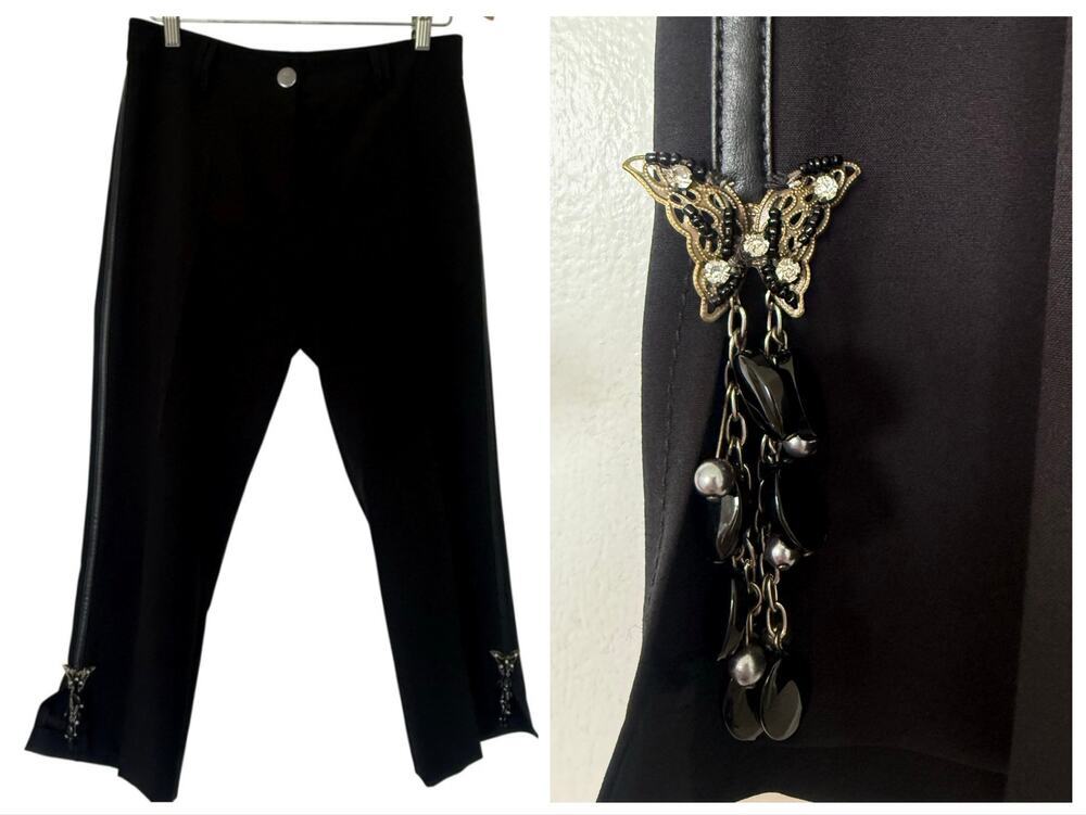Y2k ABSOLU Confort Paris Black Butterfly Embellished Capri Pants US 8 FR 40 Chic
